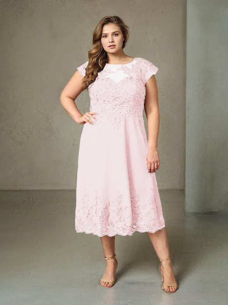 Plus Size Tea Length Lace Appliques Chiffon Mother Of The Bride Dress