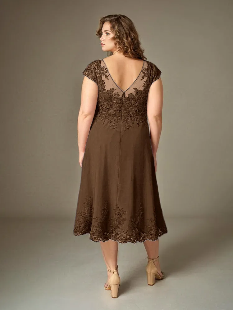 Plus Size Tea Length Lace Appliques Chiffon Mother Of The Bride Dress