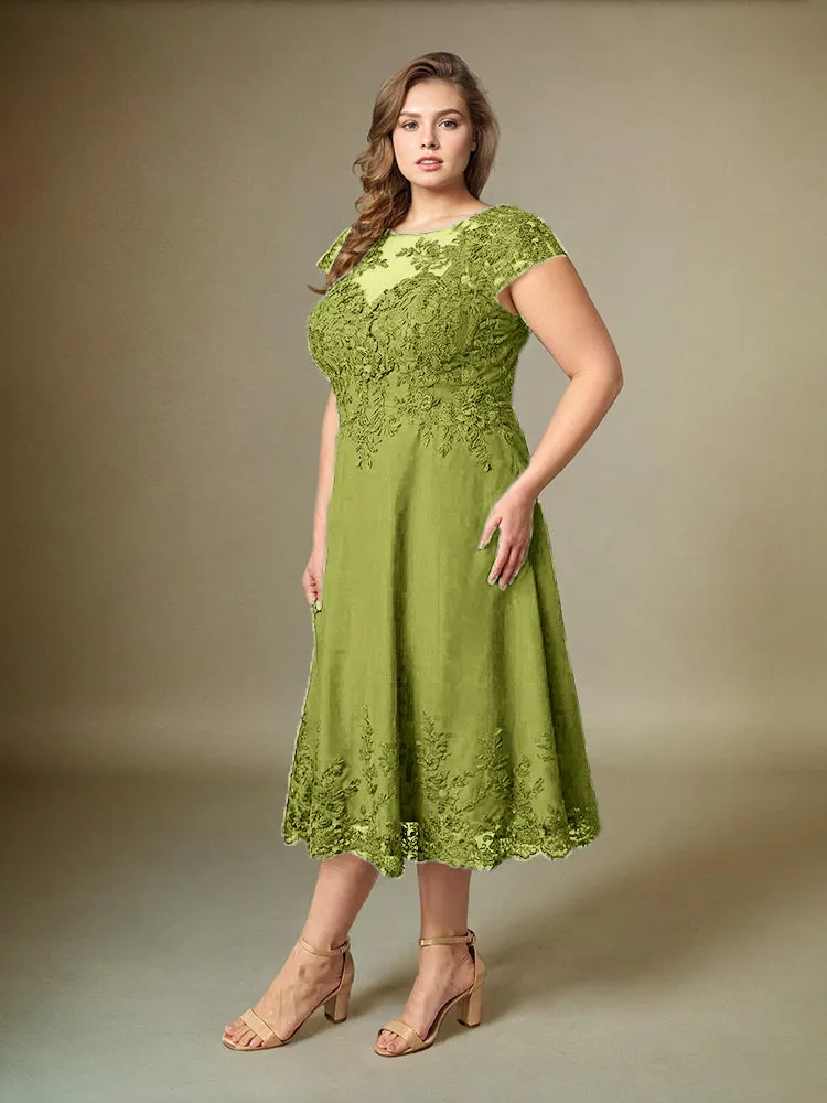 Plus Size Tea Length Lace Appliques Chiffon Mother Of The Bride Dress