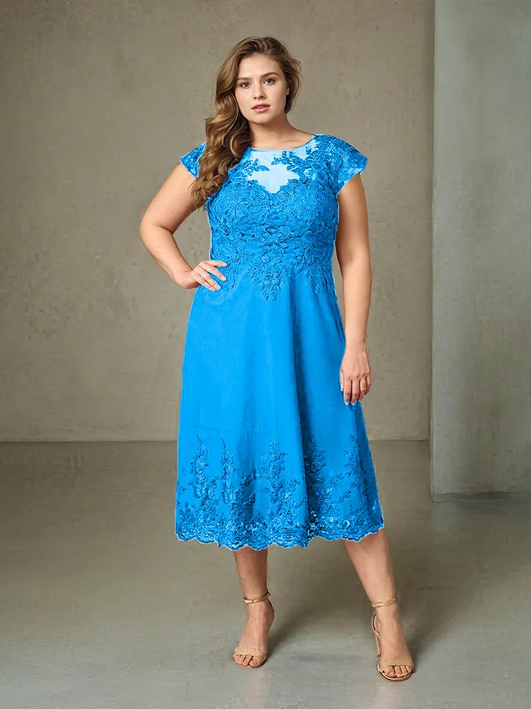 Plus Size Tea Length Lace Appliques Chiffon Mother Of The Bride Dress