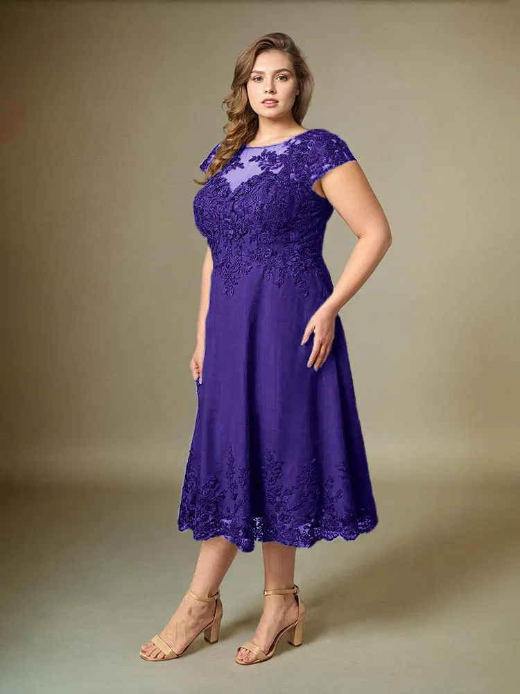 Plus Size Tea Length Lace Appliques Chiffon Mother Of The Bride Dress