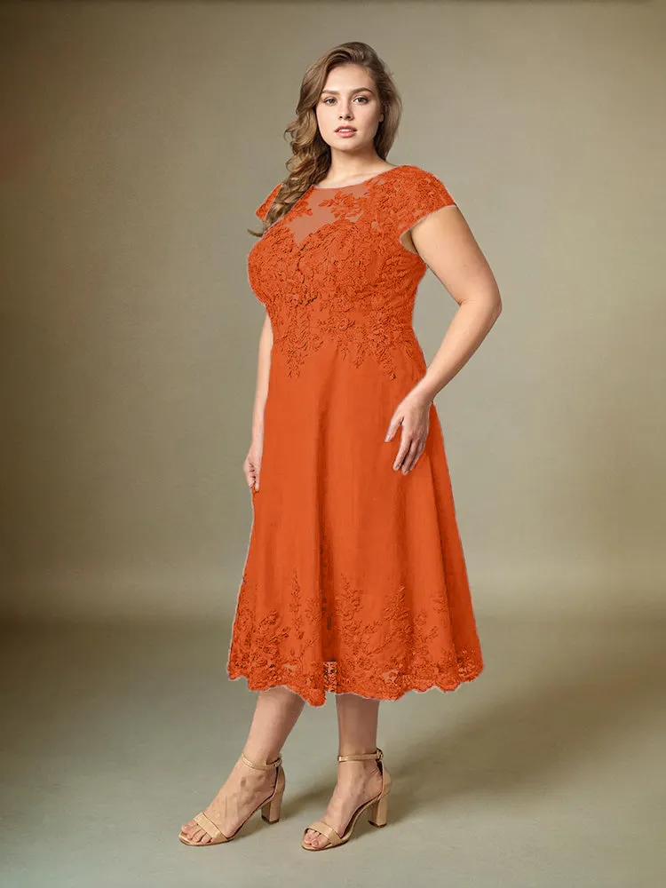 Plus Size Tea Length Lace Appliques Chiffon Mother Of The Bride Dress