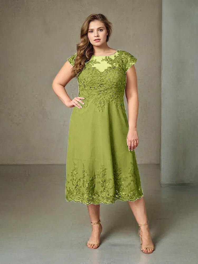 Plus Size Tea Length Lace Appliques Chiffon Mother Of The Bride Dress