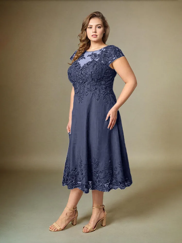 Plus Size Tea Length Lace Appliques Chiffon Mother Of The Bride Dress