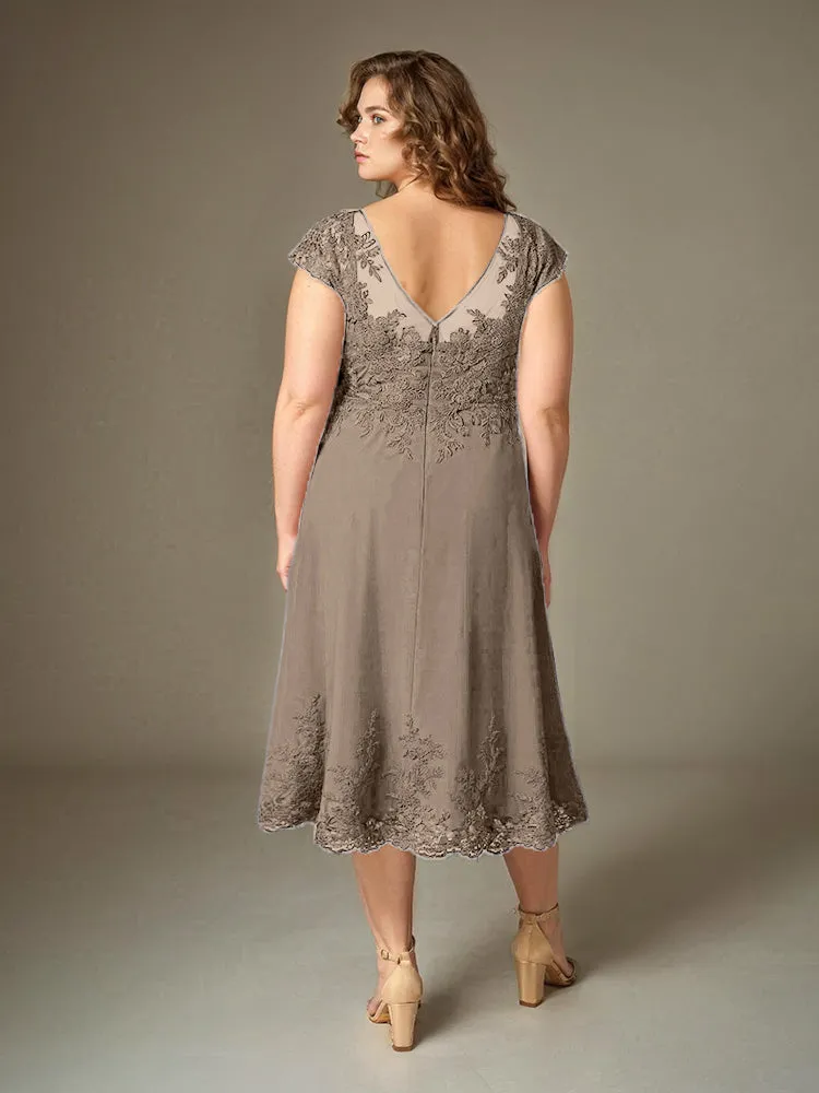 Plus Size Tea Length Lace Appliques Chiffon Mother Of The Bride Dress