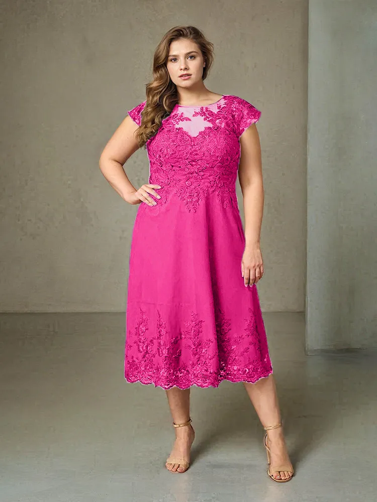 Plus Size Tea Length Lace Appliques Chiffon Mother Of The Bride Dress