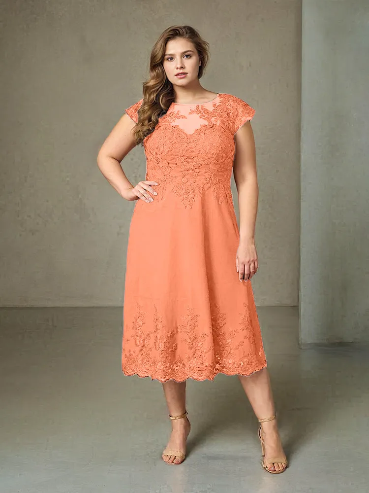 Plus Size Tea Length Lace Appliques Chiffon Mother Of The Bride Dress