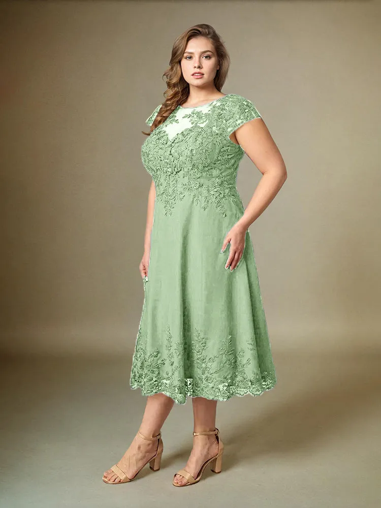 Plus Size Tea Length Lace Appliques Chiffon Mother Of The Bride Dress