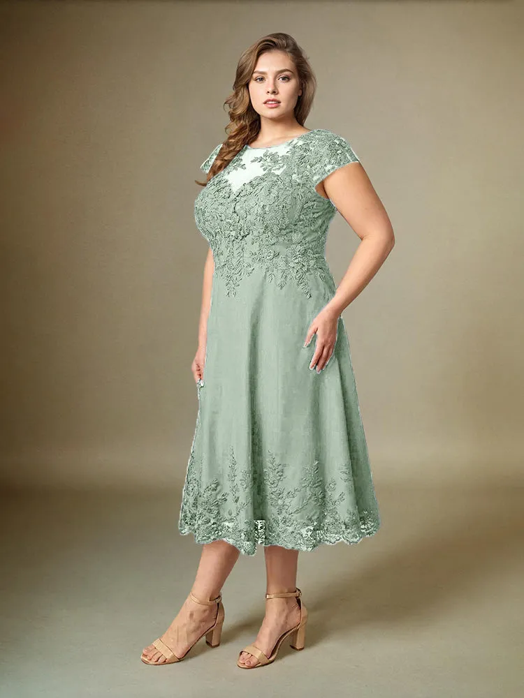 Plus Size Tea Length Lace Appliques Chiffon Mother Of The Bride Dress