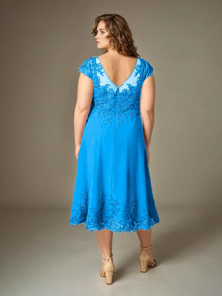 Plus Size Tea Length Lace Appliques Chiffon Mother Of The Bride Dress