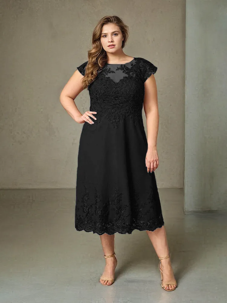 Plus Size Tea Length Lace Appliques Chiffon Mother Of The Bride Dress