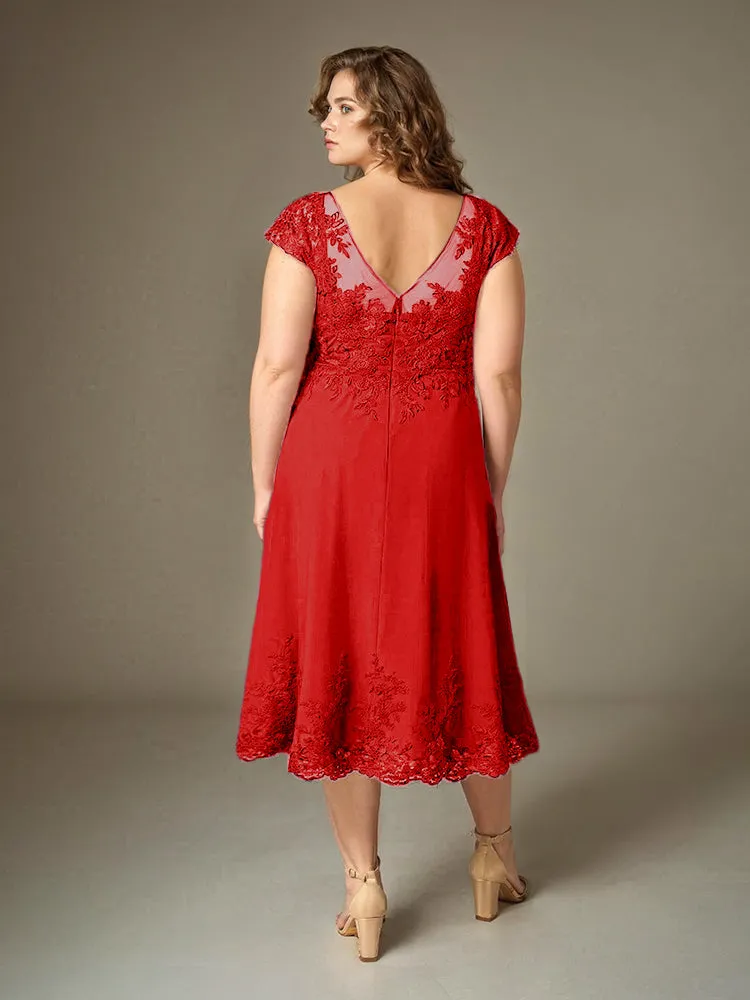 Plus Size Tea Length Lace Appliques Chiffon Mother Of The Bride Dress