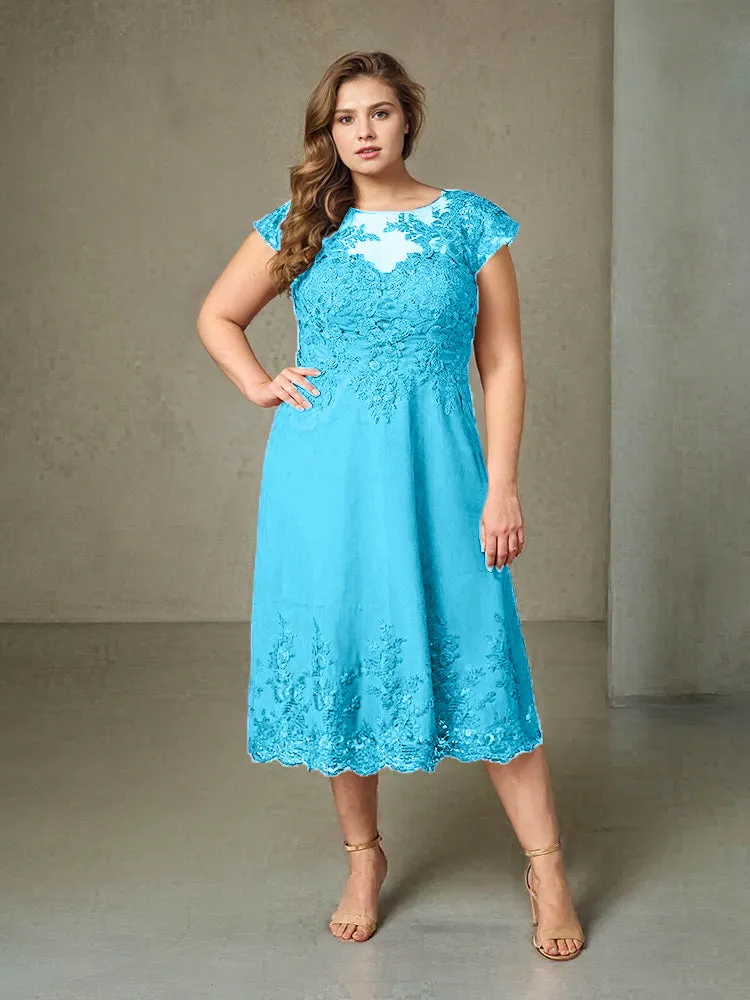 Plus Size Tea Length Lace Appliques Chiffon Mother Of The Bride Dress