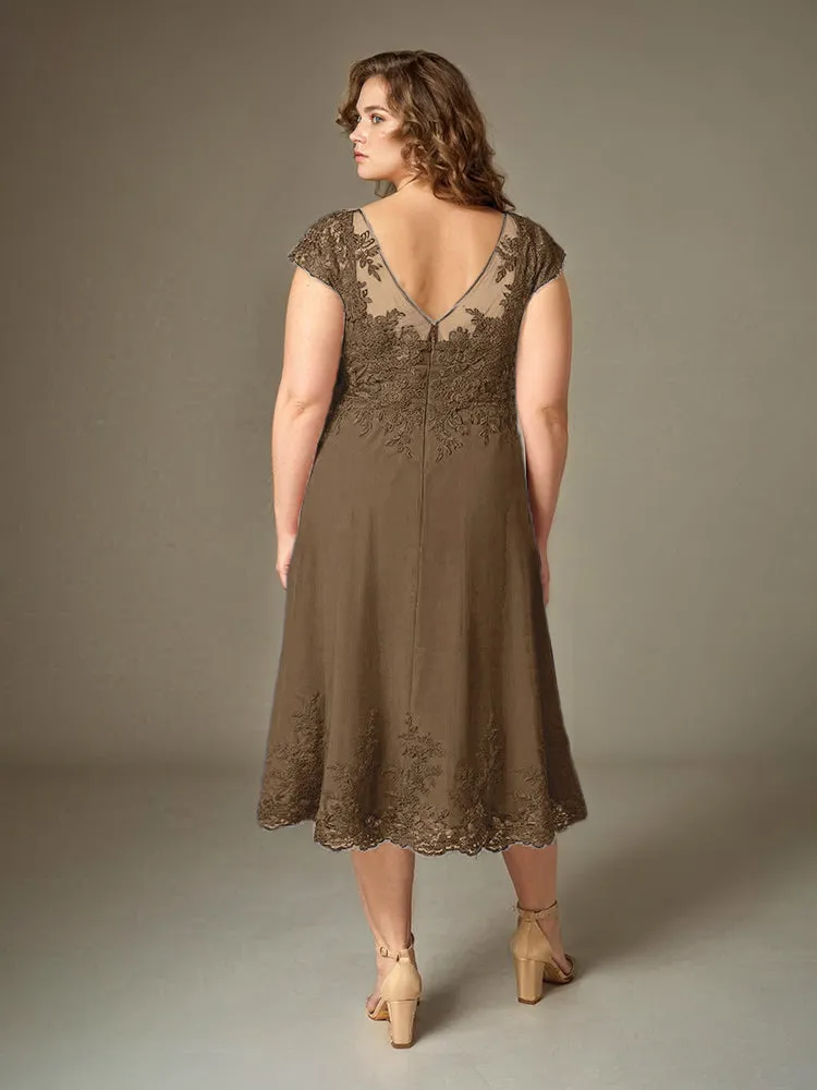 Plus Size Tea Length Lace Appliques Chiffon Mother Of The Bride Dress