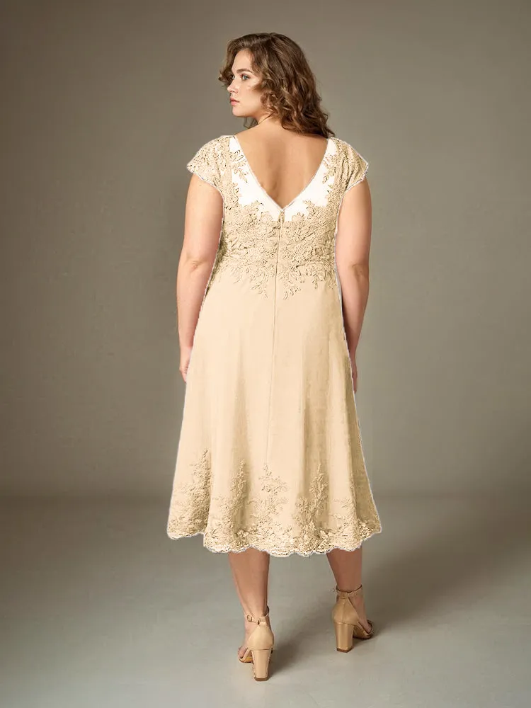 Plus Size Tea Length Lace Appliques Chiffon Mother Of The Bride Dress