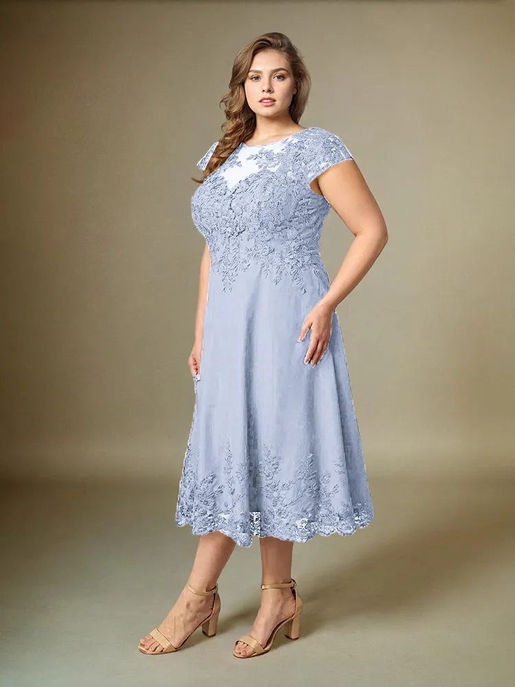 Plus Size Tea Length Lace Appliques Chiffon Mother Of The Bride Dress