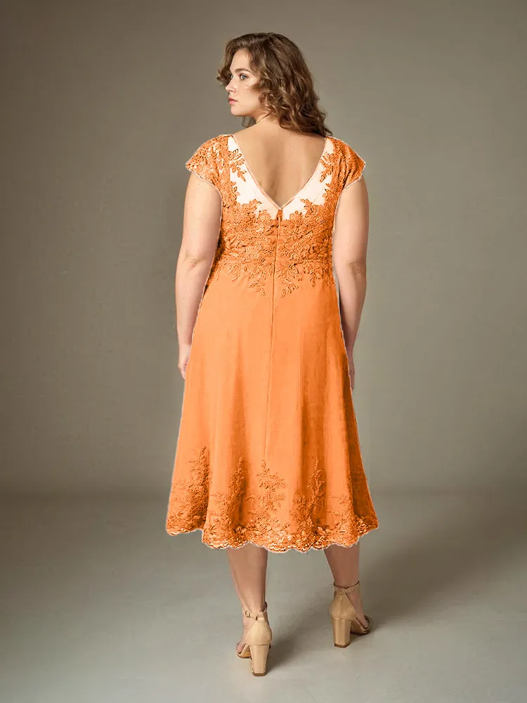 Plus Size Tea Length Lace Appliques Chiffon Mother Of The Bride Dress