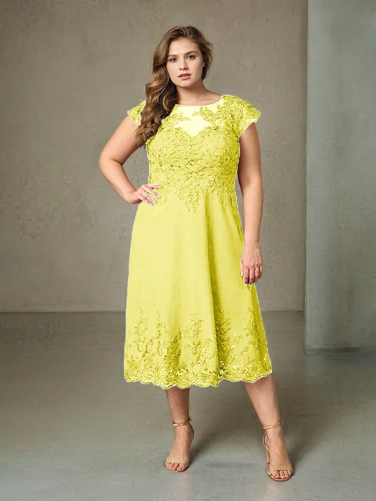 Plus Size Tea Length Lace Appliques Chiffon Mother Of The Bride Dress