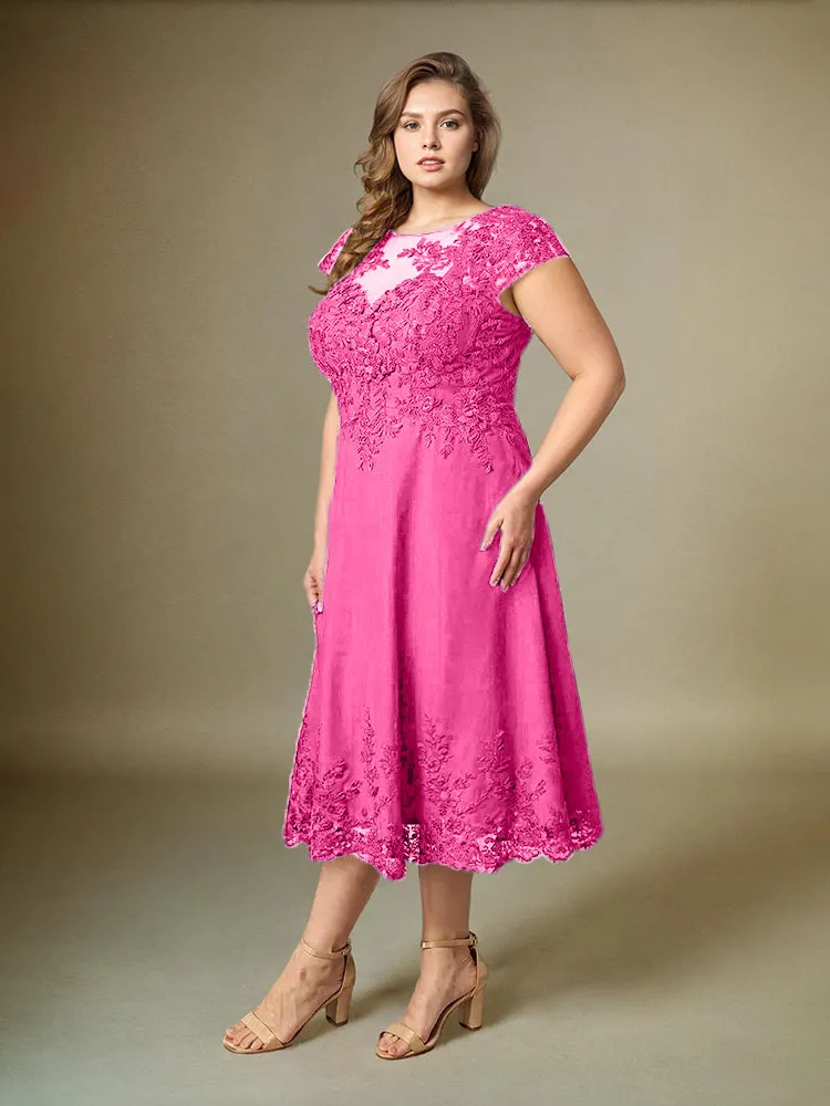 Plus Size Tea Length Lace Appliques Chiffon Mother Of The Bride Dress