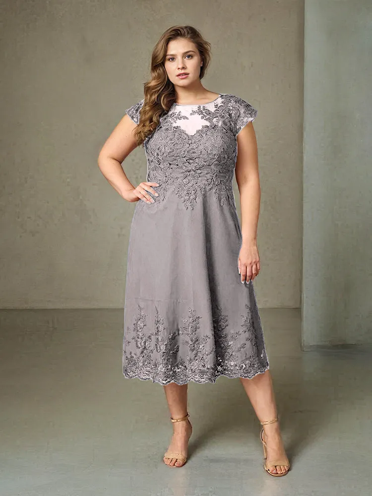 Plus Size Tea Length Lace Appliques Chiffon Mother Of The Bride Dress