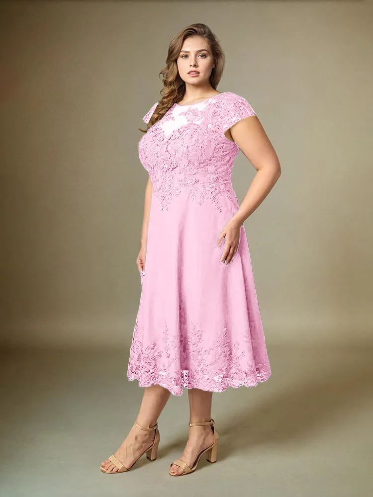 Plus Size Tea Length Lace Appliques Chiffon Mother Of The Bride Dress