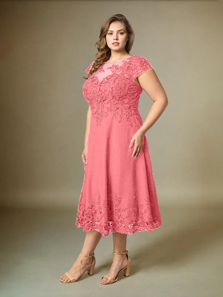 Plus Size Tea Length Lace Appliques Chiffon Mother Of The Bride Dress