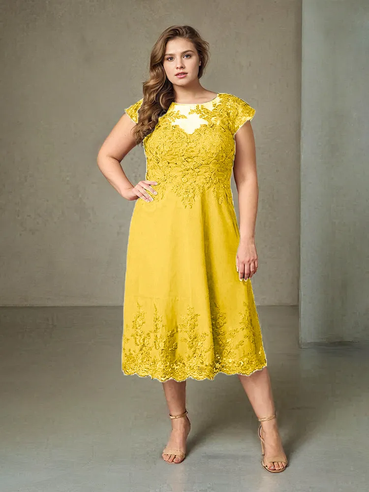 Plus Size Tea Length Lace Appliques Chiffon Mother Of The Bride Dress