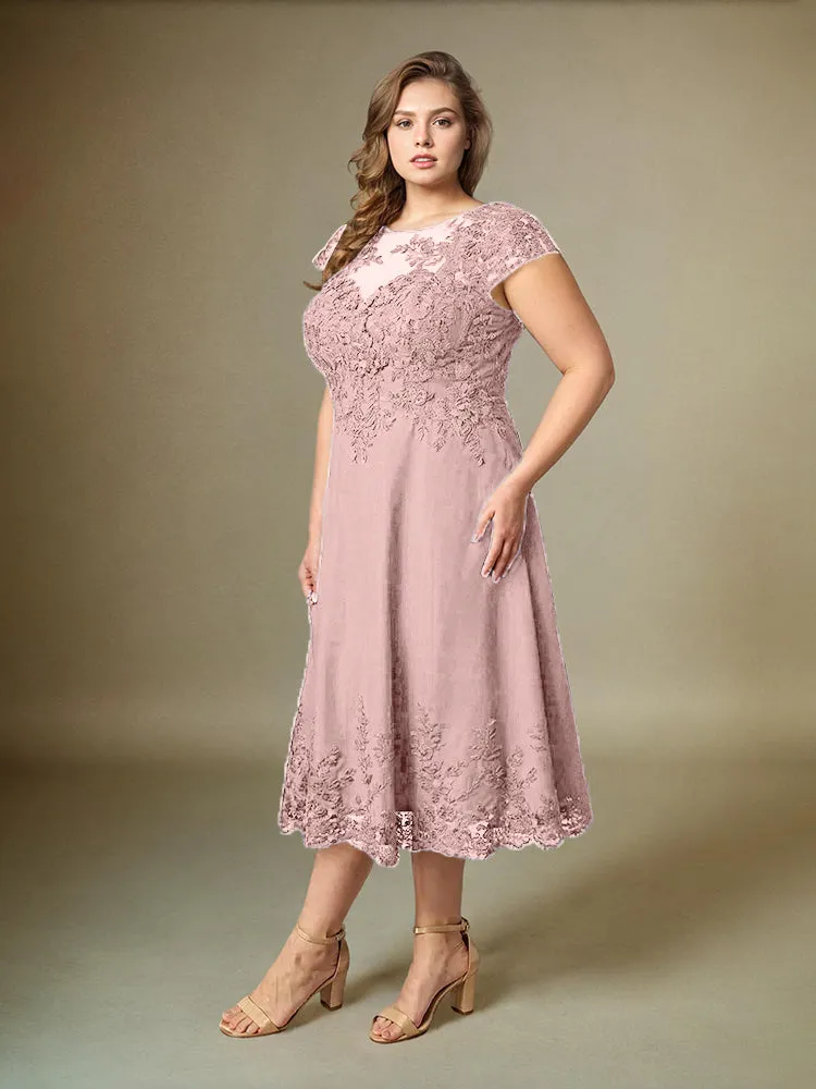 Plus Size Tea Length Lace Appliques Chiffon Mother Of The Bride Dress