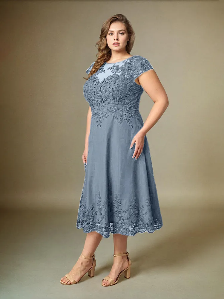 Plus Size Tea Length Lace Appliques Chiffon Mother Of The Bride Dress