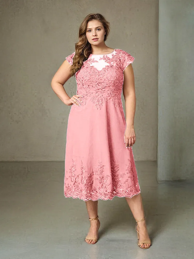 Plus Size Tea Length Lace Appliques Chiffon Mother Of The Bride Dress