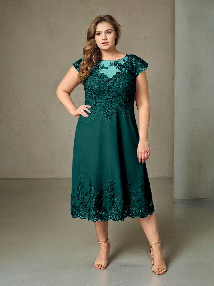 Plus Size Tea Length Lace Appliques Chiffon Mother Of The Bride Dress