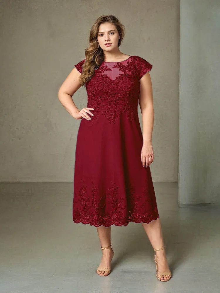 Plus Size Tea Length Lace Appliques Chiffon Mother Of The Bride Dress