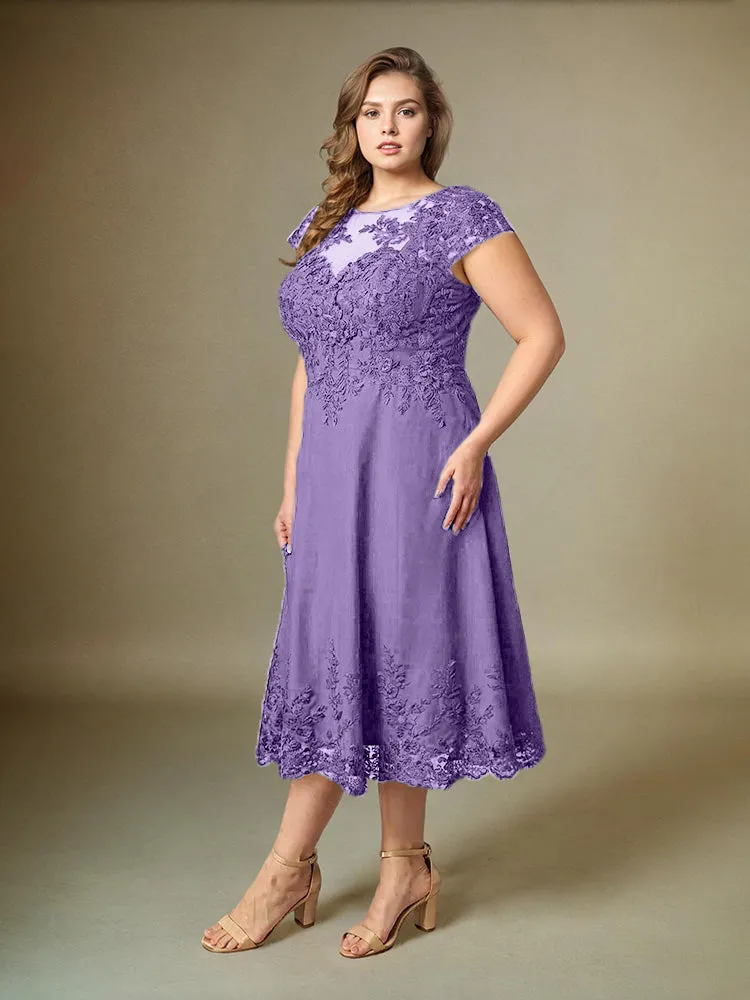 Plus Size Tea Length Lace Appliques Chiffon Mother Of The Bride Dress