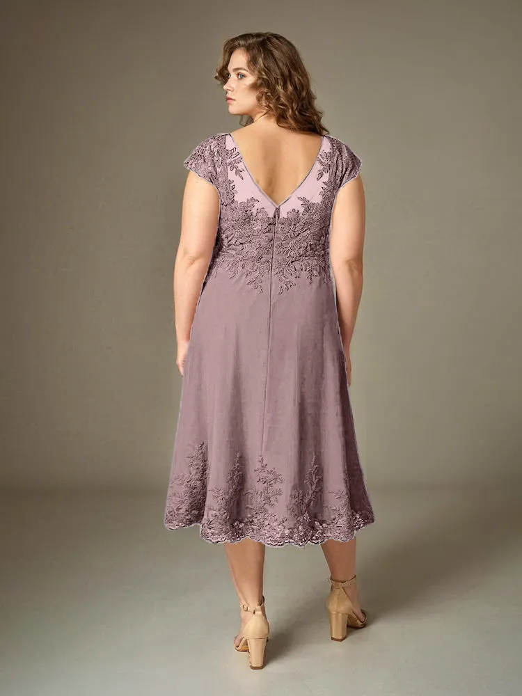 Plus Size Tea Length Lace Appliques Chiffon Mother Of The Bride Dress