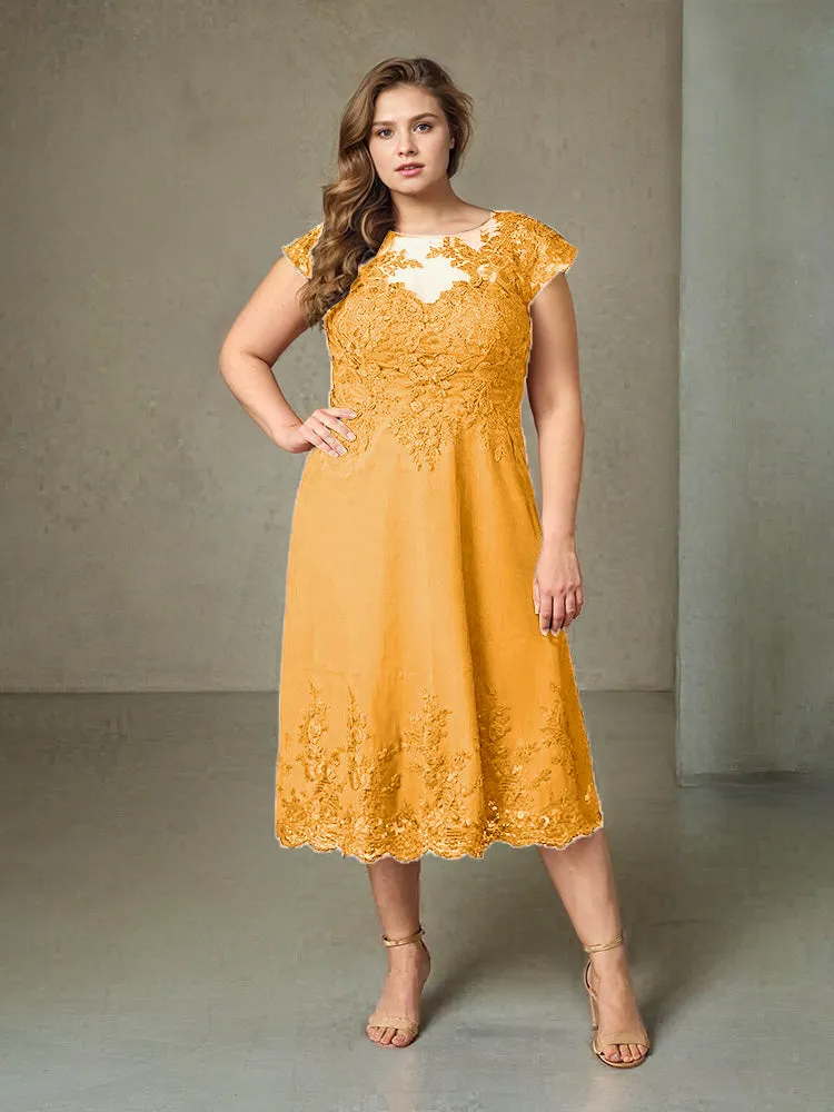 Plus Size Tea Length Lace Appliques Chiffon Mother Of The Bride Dress