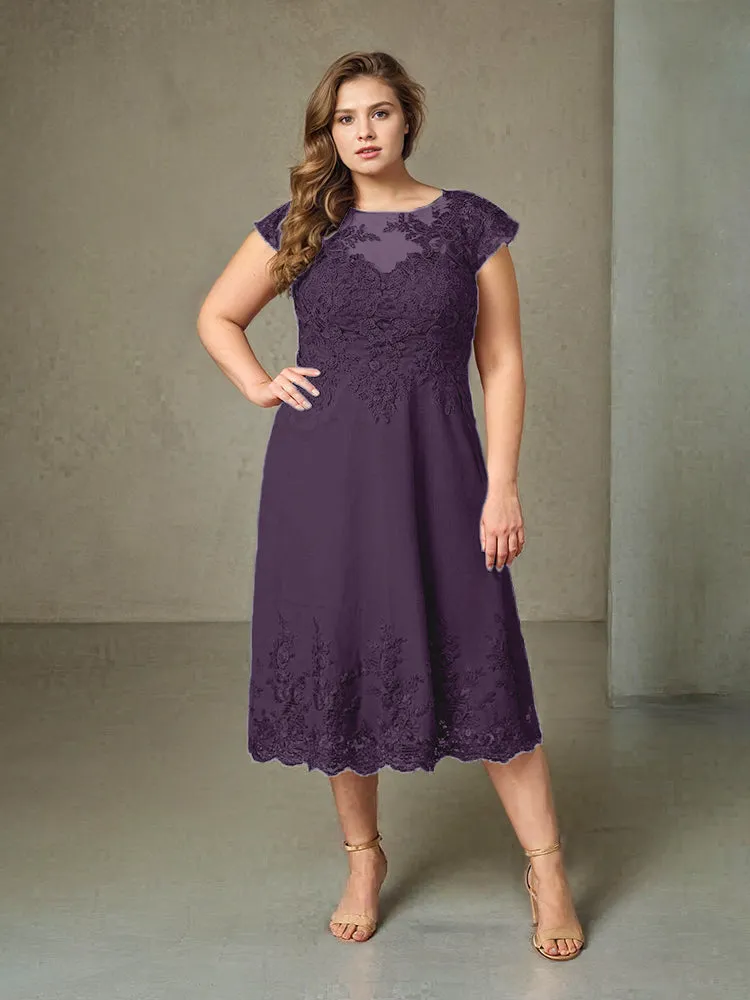 Plus Size Tea Length Lace Appliques Chiffon Mother Of The Bride Dress