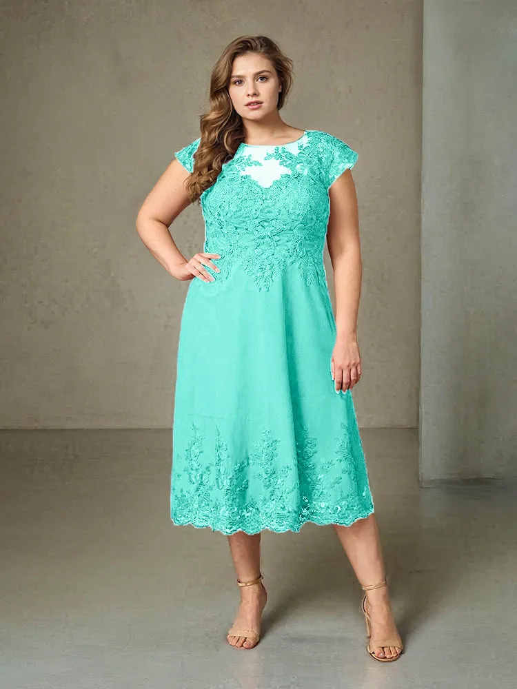 Plus Size Tea Length Lace Appliques Chiffon Mother Of The Bride Dress