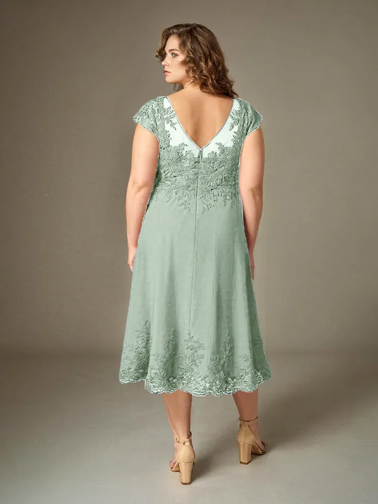 Plus Size Tea Length Lace Appliques Chiffon Mother Of The Bride Dress