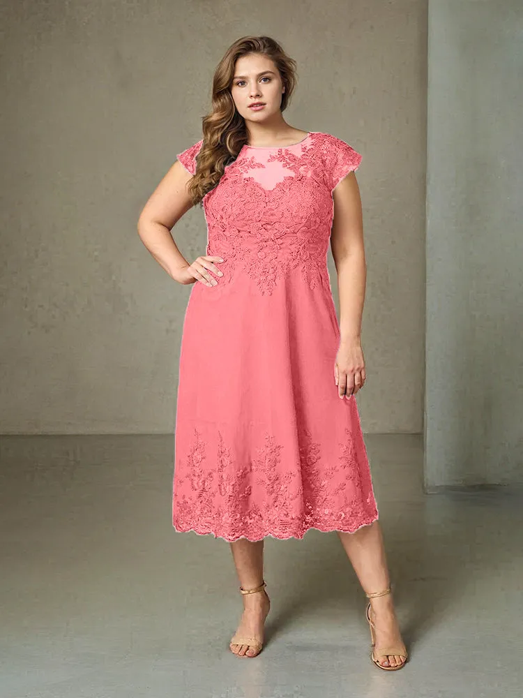 Plus Size Tea Length Lace Appliques Chiffon Mother Of The Bride Dress