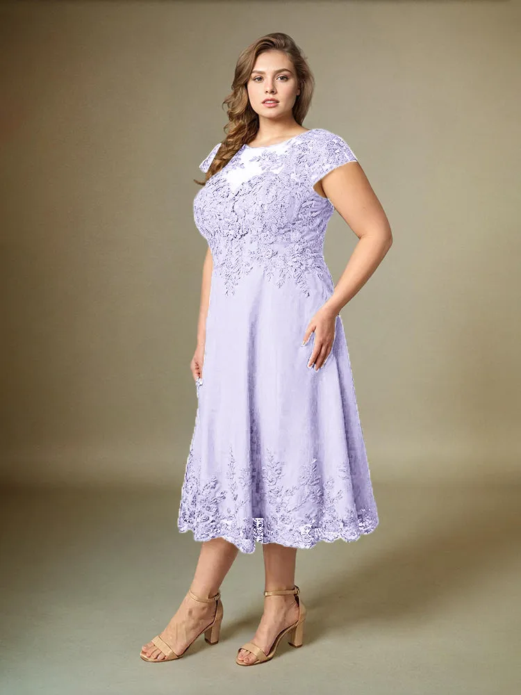 Plus Size Tea Length Lace Appliques Chiffon Mother Of The Bride Dress