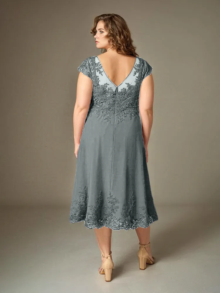 Plus Size Tea Length Lace Appliques Chiffon Mother Of The Bride Dress