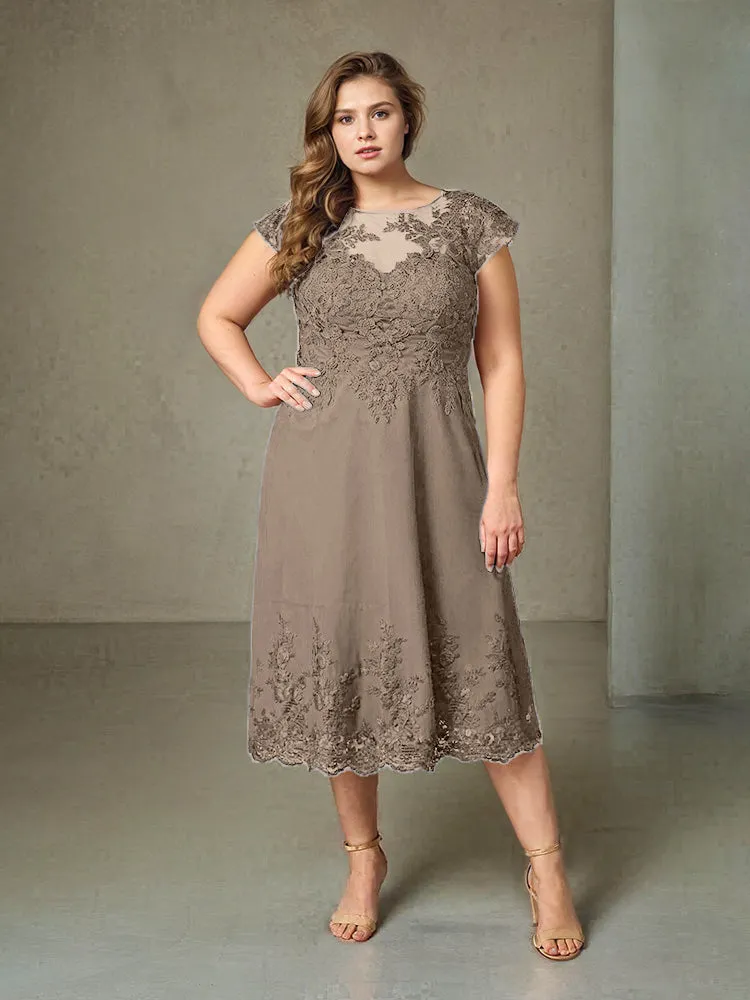 Plus Size Tea Length Lace Appliques Chiffon Mother Of The Bride Dress