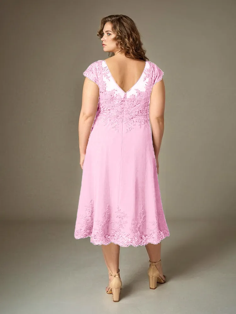 Plus Size Tea Length Lace Appliques Chiffon Mother Of The Bride Dress