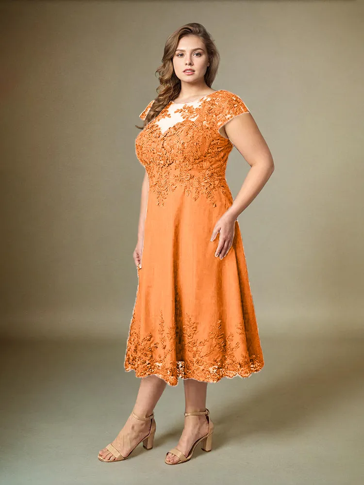 Plus Size Tea Length Lace Appliques Chiffon Mother Of The Bride Dress