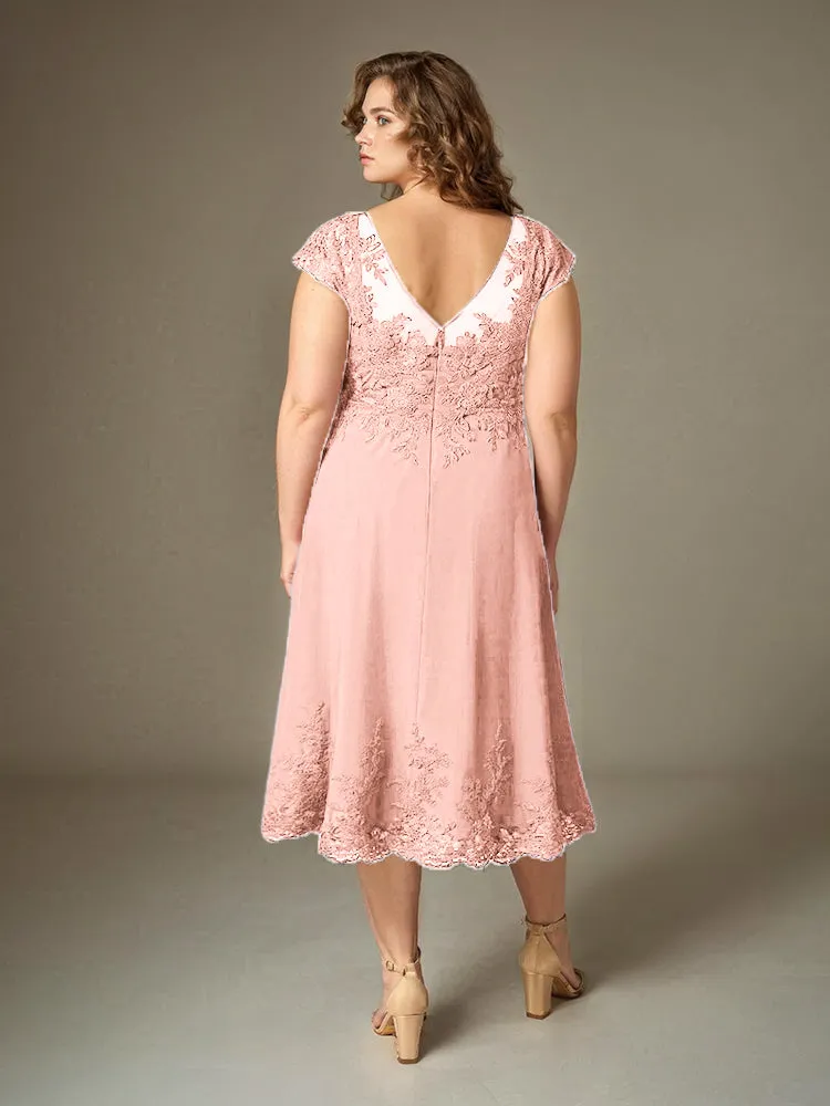 Plus Size Tea Length Lace Appliques Chiffon Mother Of The Bride Dress