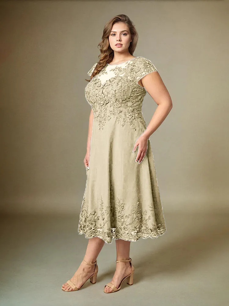 Plus Size Tea Length Lace Appliques Chiffon Mother Of The Bride Dress