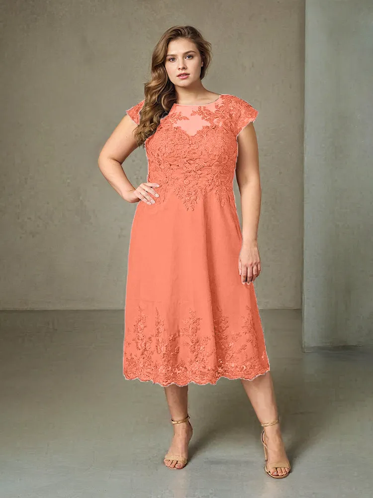 Plus Size Tea Length Lace Appliques Chiffon Mother Of The Bride Dress