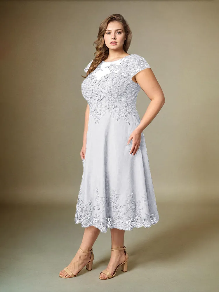 Plus Size Tea Length Lace Appliques Chiffon Mother Of The Bride Dress