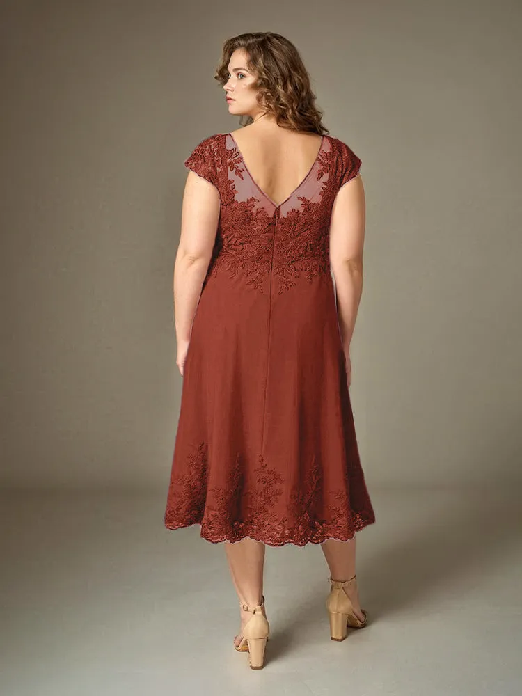 Plus Size Tea Length Lace Appliques Chiffon Mother Of The Bride Dress