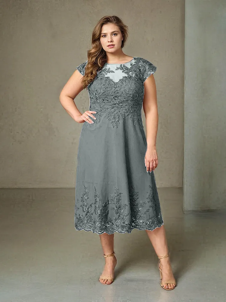 Plus Size Tea Length Lace Appliques Chiffon Mother Of The Bride Dress